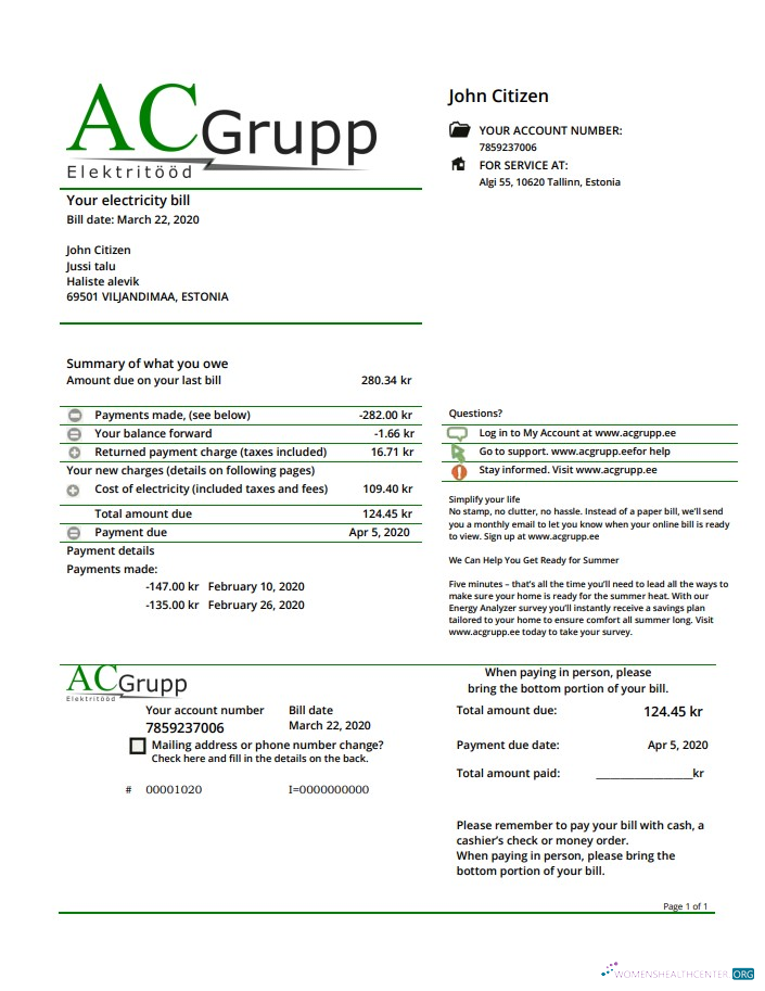 download Estonia AC Grupp OÜ electricity utility bill template in Word and PDF format PDF template
